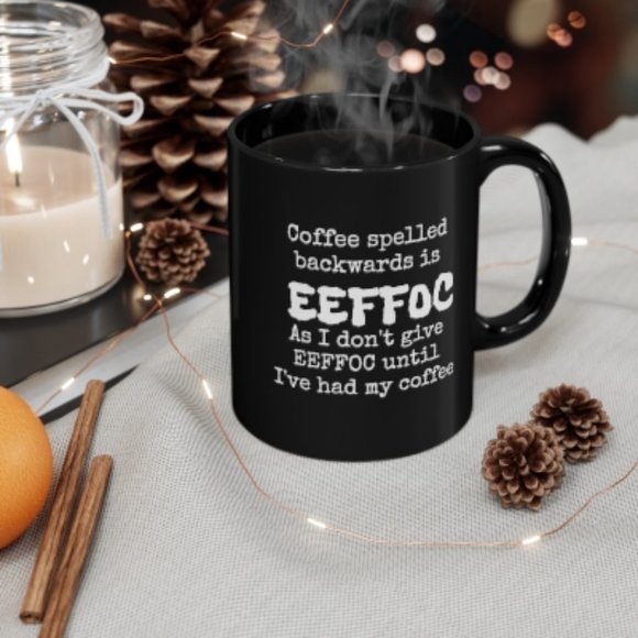 11oz Black Ceramic Mug, "EEFOC", Personalization Optional, Free Shipping - Picture 2 of 2